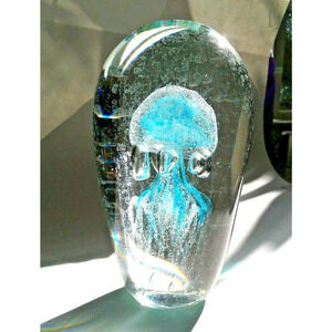 Jellyfish Glass 7" Tall Handblown Paperweight Ocean Man O War Light Blue Clear